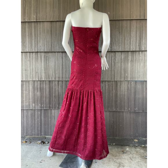 🔥Yellow Star Lace Sequins Strapless Mermaid Dress Burgundy Evening Party Dress - Picture 6 of 13
